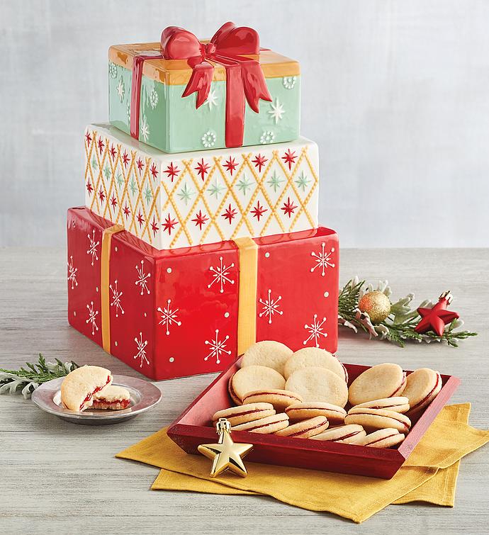 Holiday Present Stack Cookie Jar with Raspberry Galettes